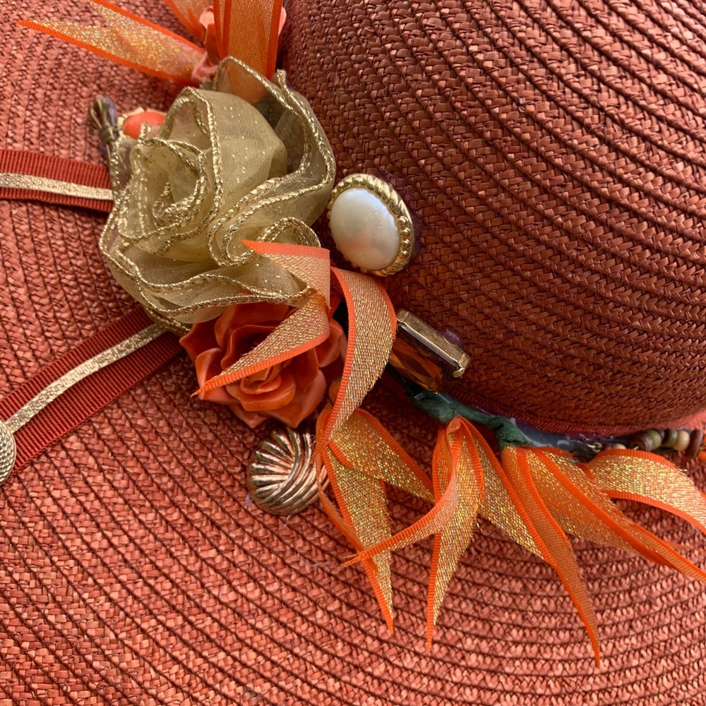 Kreativekristen upcycled Orange wide brim straw Hat with Floral Accents - Picture 9 of 12